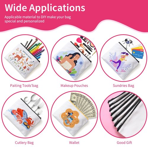 AMDAILY 50Pcs Sublimation Blank Canvas Makeup Bags, Bulk Blank DIY Heat Transfer Cosmetic Makeup Bags w/Black Zipper Gift Box for Bridesmaid Makeup Bag Travel Toiletry Pouch Storage, Easter Craft