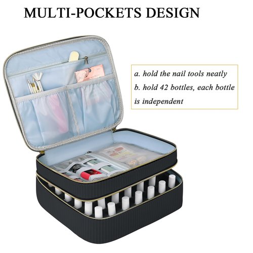 LYFFXYH Double-Layer Nail Polish Organizer-Holds 42 Bottles, Nail Polish Storage with Handle, Nail Bag Organizer Case for Professional Manicure Kit & Travel (Black, 42 Bottles-Small)