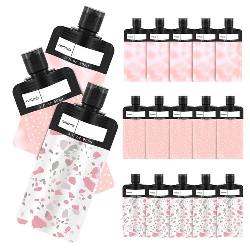 ANNGO 18 Pack Travel Pouches for Toiletries, TSA Approved Travel Pouches for Liquids,Travel Shampoo and Conditioner Pouches,Leak Proof 3oz Travel Squeeze Pouches(Pink)