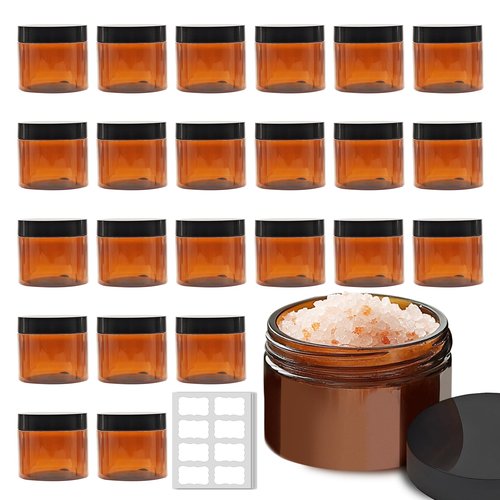 Slomg 24 Pack 2 oz Small Amber Plastic Jars with Lids and Labels, Refillable Round Brown Mini Cosmetic Containers, Reusable Airtight Jars for Lotion Cream Body Butter Ointment Travel Storage