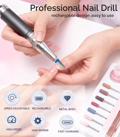 Professional Nail Drill - Lumcrissy 40000RPM Electric Nail File Drill Kit - Portable Rechargeable Cordless Efile Machine for Acrylics Gel Nails for Home Salon Manicure Pedicure