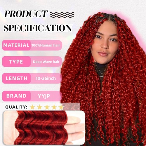 18 Inch Deep Wave Human Braiding Hair for Boho Braids – 50g 1 Bundles/Pack Red 100% Unprocessed 12A Brazilian Virgin Human Hair Bulk, No Weft, Wet & Wavy Curly Extensions