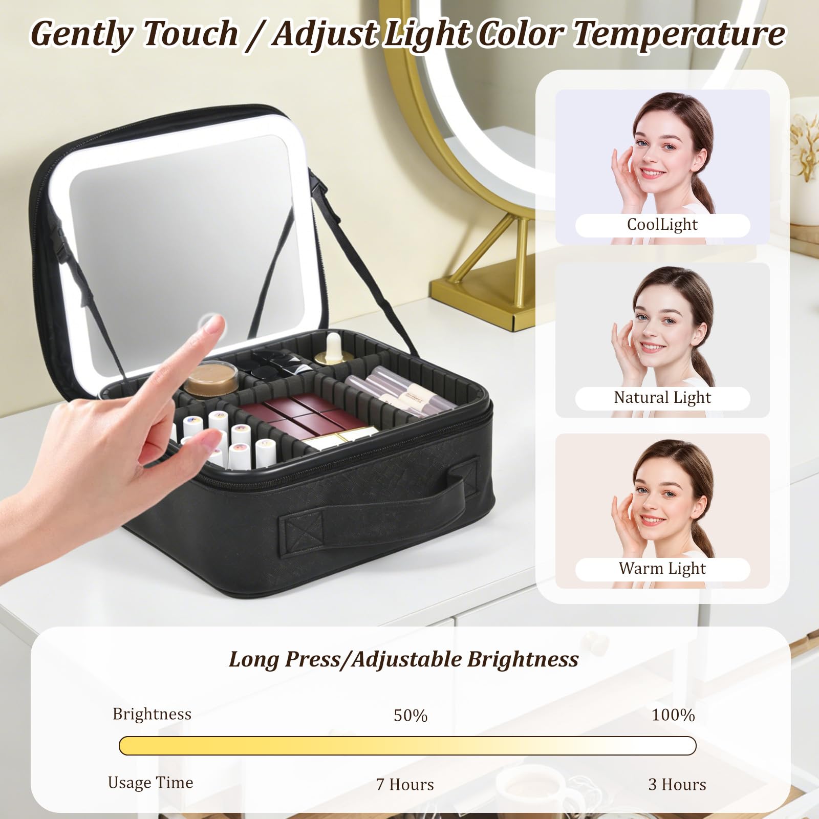 Yaliang Travel Makeup Bag, Portable Makeup Case with LED Mirror, Removable Mirror with 3 Color Modes, 8 Adjustable EVA Dividers for Brushes Toiletry Jewelry Digital Accessories, Solid Black