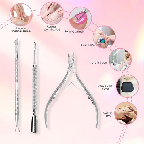 Makartt Cuticle Trimmer with Cuticle Pusher, Silver Nail Trimmer Nail Care Manicure and Pedicure Kit with Stainless Steel Cuticle Nipper and Dual End Nail Pushers for Home Salon Use (Pack of 3 PCS)