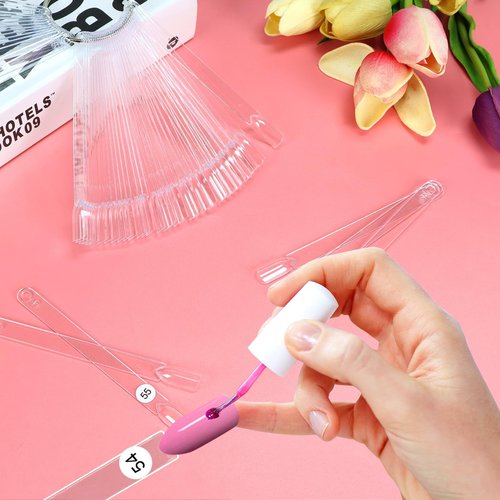 CZWESTC 300 Pcs Nail Swatch Sticks with Number Stickers, Clear Square-shaped Nail Polish Sample Swatches with Ring for Color Display and DIY (50 pcs/string)