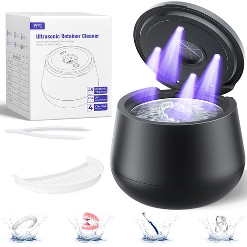 45kHz Ultrasonic Retainer Cleaner, 200ML Dental Cleaning Pod for Dentures, Mouth Guards, Braces, Aligner, Toothbrush Jewelry and More, UV Denture Cleaner with 4 Modes & Digital Timer