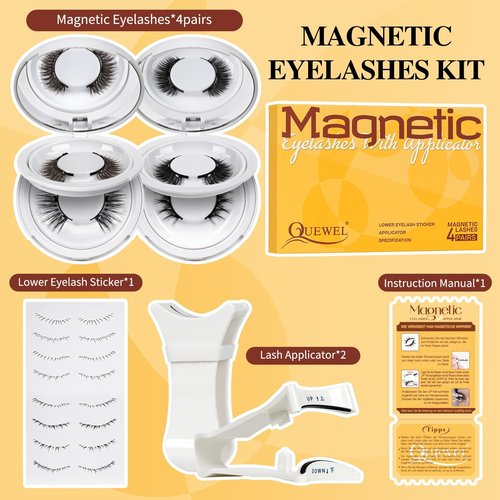 QUEWEL Magnetic Eyelashes 4 Pair Reusable Magnetic Eyelashes with Applicator No Glue Needed Eyelashes Natural Look Lash Clusters Kit Easy to Wear and Remove(4 Pairs-A05)