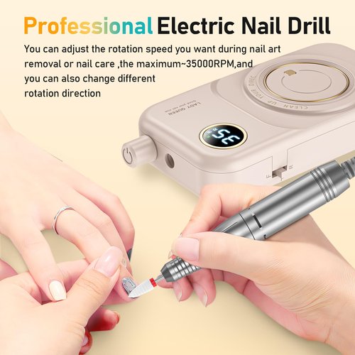 Portable Nail Drill Electric File: 35000RPM Professional Rechargeable Nail E File Machine,for Acrylic Nails Gel Polishing Removing, Cordless Efile with Bits Kit for Manicure Salon Home (Pink)
