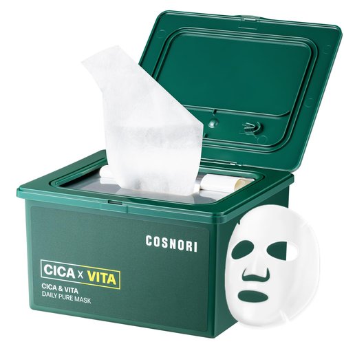 COSNORI Cica X Vita Daily Pure Mask, 30 Sheets (11.8 fl oz / 350 ml) — Vegan, Hypoallergenic, Weakly Acid, Moisturizing Korean Skin Care