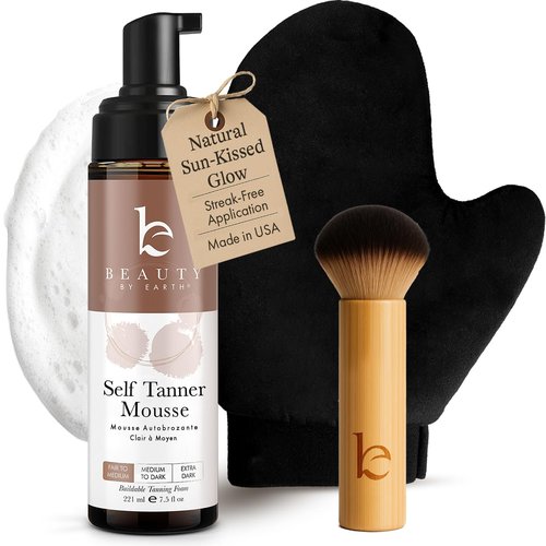 Skiennix Self Tanner Mousse Kit - Natural & Organic Ingredients | Includes Kabuki Brush & Mitt