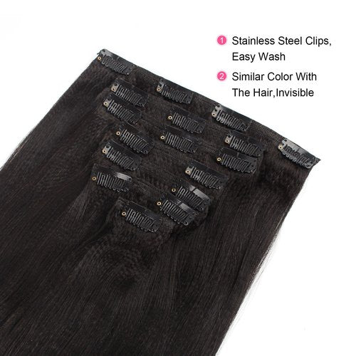 ABH AmazingBeauty Hair Yaki Straight Clip Ins Human Hair Extensions for Black Women Natural Black Light Yaki Clip ins 7 Pieces 120 Gram Per Set, 12 Inch