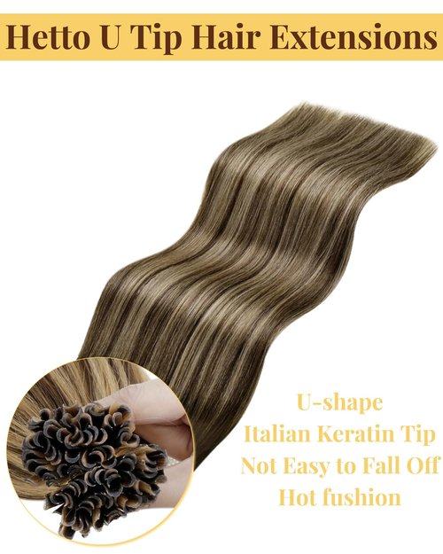 Hetto K Tip Hair Extensions Real Human Hair Brown 20 Inch U Tip Hair Extensions Highlights Brown to Caramel Blonde Ktip Human Hair Extension Pre Bonded Invisible Straight 50g 50s