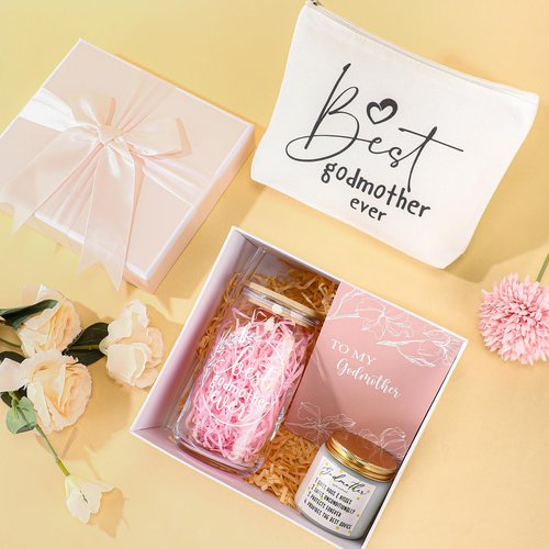 Nuanchu 5 Pcs Best Mom Gifts Sets 16OZ Glass Cup with Bamboo Lids and Straw Makeup Bag Scented Candles Greeting Card Mother's Day Gift Box from Daughter Son(Godmother)