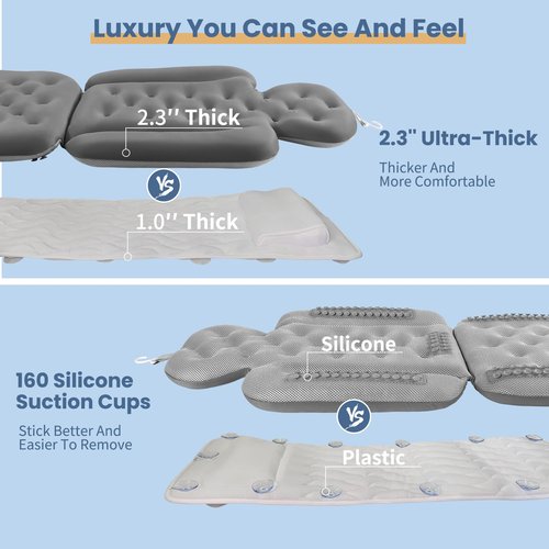 Bath Cushion, Full Body Bathtub Pillow with 160 Suction Cups, Bath Mat for Head and Neck Support, with Laundry Bag (Dark Gray, 51" x 16")