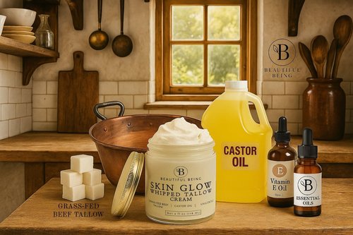 Beautiful Being SKIN GLOW - Grass-Fed Whipped Beef Tallow Moisturizer for Face & Body, for Dry + Sensitive Skin Relief, Non-Toxic, Ancestral Skincare - Castor Oil Infused, (UNSCENTED, 4oz)