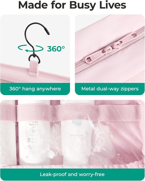 BAGSMART Travel Toiletry Bag - Waterproof Makeup Organizer with Hanging Hook | Pink, Full-Size Accessories