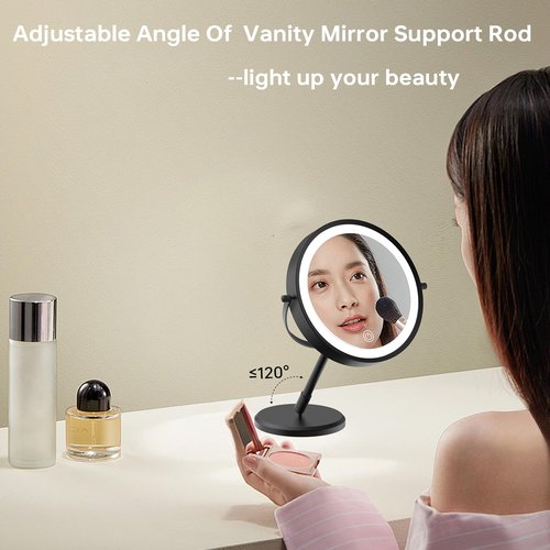 mumianshu Folding Travel Makeup Mirror with Lights and Magnification,7” Double Sided 1X/10X Lighted Magnifying Mirror with Rechargeable Battery,Brightness Adjustable,3 Color Lighting, Black