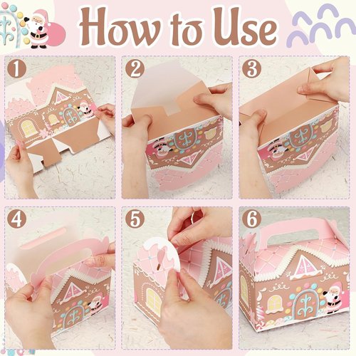 Skiennix 20 Pcs Pink Christmas Treat Boxes - 3D Gingerbread House Design for Cookies & Snacks