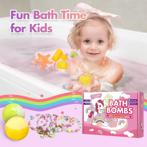 Unicorn Bath Bombs with Surprise Inside for Kids Girls, 6 Kids Bath Bombs with Jewelry Inside, Natural Bubble Bath Set for Skin Moisturizing, Birthday Christmas Easter Gifts for 4 5 6 7 8 Year Old