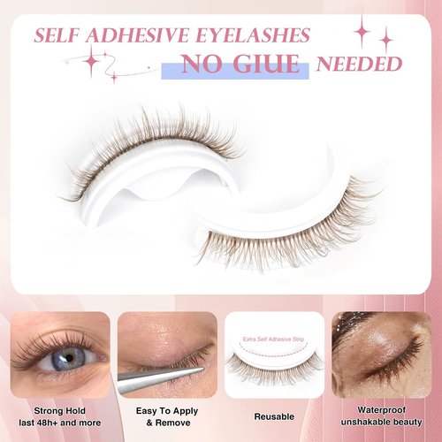 Self Adhesive Lashes False Eyelashes Natural Pre-glued Easy Lashes for Beginners No Glue Needed Press on Eyelashes Waterproof Wispy Strip Eyelashes by MERETON(12mm Brown）M863