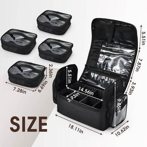 Makeup Train Case 18.1 Inch Large Travel Makeup Organizer Case Portable Makeup Arists Bag with Shoulder Strap Makeup Brush Slots 4 Clear Pouch for Cosmetologist Aesthetic Supplies Nail Tech Makeup Bag