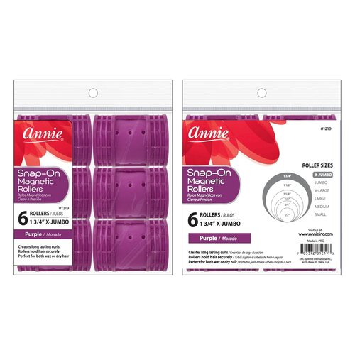 Annie Snap-On Magnetic Hair Rollers - Extra Jumbo 1.75 Inch for Secure Hold - Purple, 6 Count
