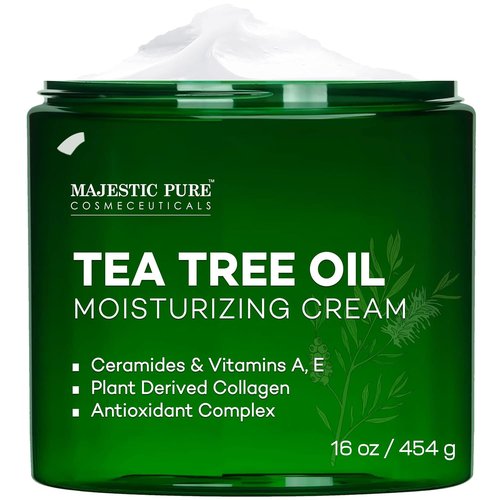 Majestic Pure Tea Tree Oil Moisturizing Cream - Hydrating Body, Foot & Face Lotion - With Ceramides, Vitamins A, E & Vegan Collagen - 16 oz for All Skin Types