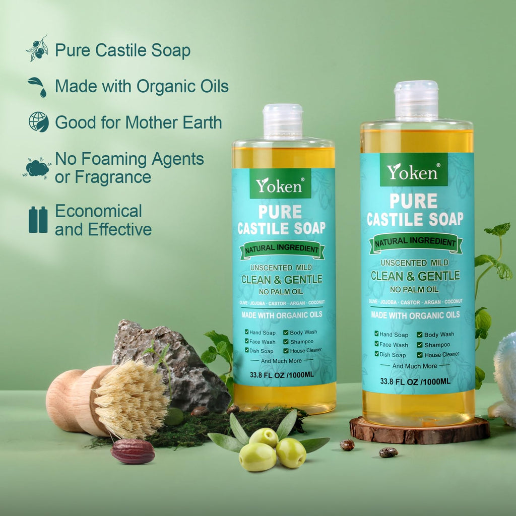Yoken Pure Castile Soap Liquid Unscented 67 fl oz Castile Liquid Soap Made With Organic Oil, Clean & Gentle, No Palm Oil, Vegan, Natural Castille soaps for Face Body Hand Wash, Dishes Multi-purpose