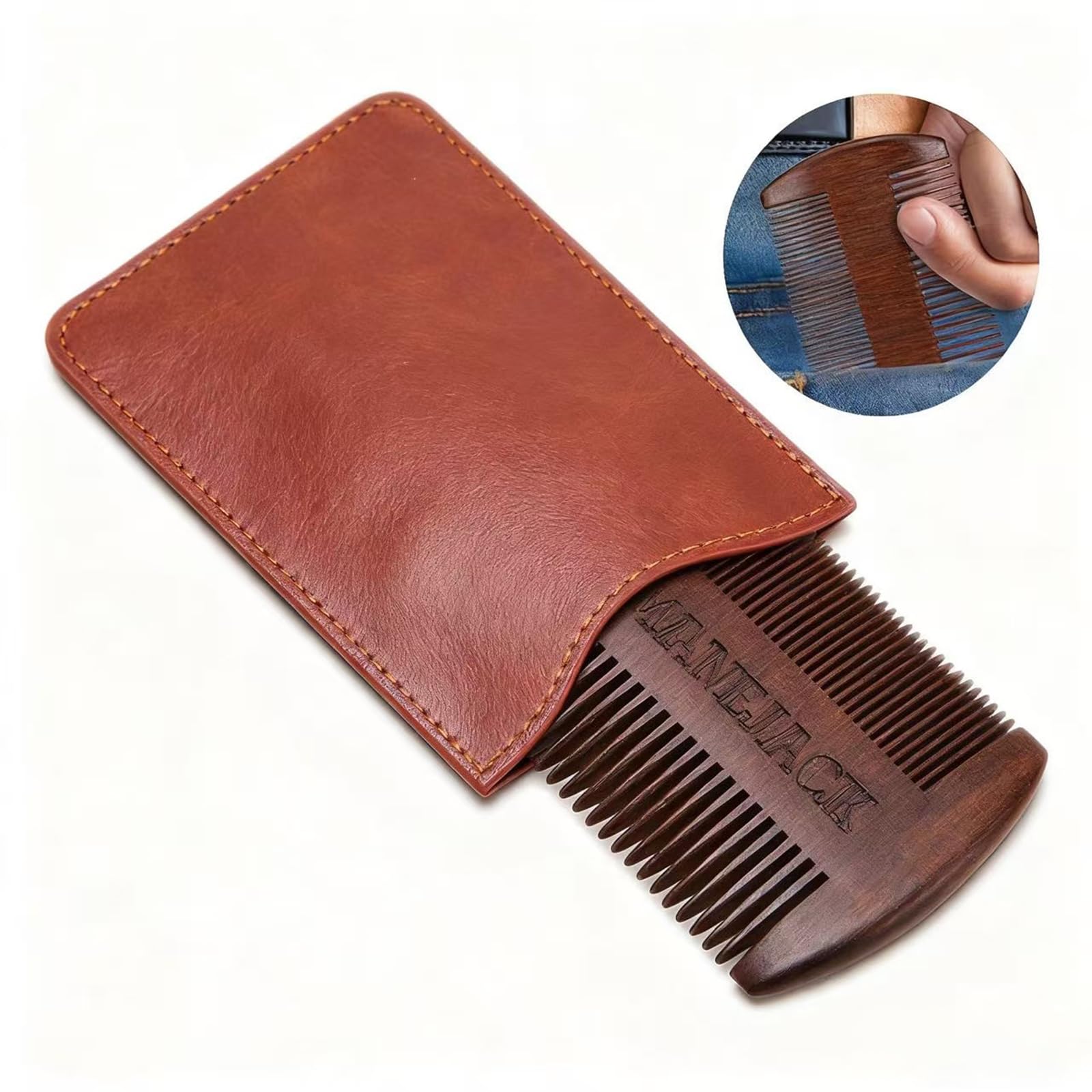 Wooden Beard Comb with Carrying Pouch - Top Pocket Combs Kit for Men - Perfect for Beard, Head hair, Mustache-Dry Use with Balms and Oils - Fine and Coarse Teeth