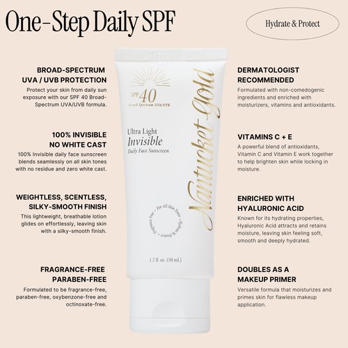 Nantucket Gold 100% Invisible Daily Face Moisturizer with SPF 40 + Hyaluronic Acid + Vitamin C, Weightless, Scentless, Primer - For All Skin Skin Tones - 1.7 fl oz