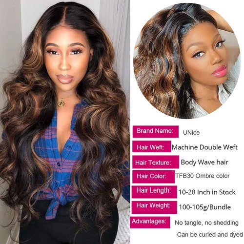 UNice Ombre Brown Highlight Body Wave Human Hair Weave 1 bundle 10 inch, Brazilian Remy Hair Dark Root Blonde Human Hair Weaves Extension Piano Color TFB30