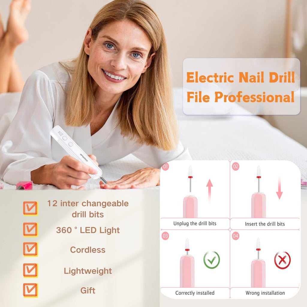 XunmotorYao Electric Nail File Set,Professional 3 Speeds Cordless Electric Nail Drill Kit for Acrylic Gel Nails,12 in 1 Manicure and Pedicure Tools for Home Salon(Pink)