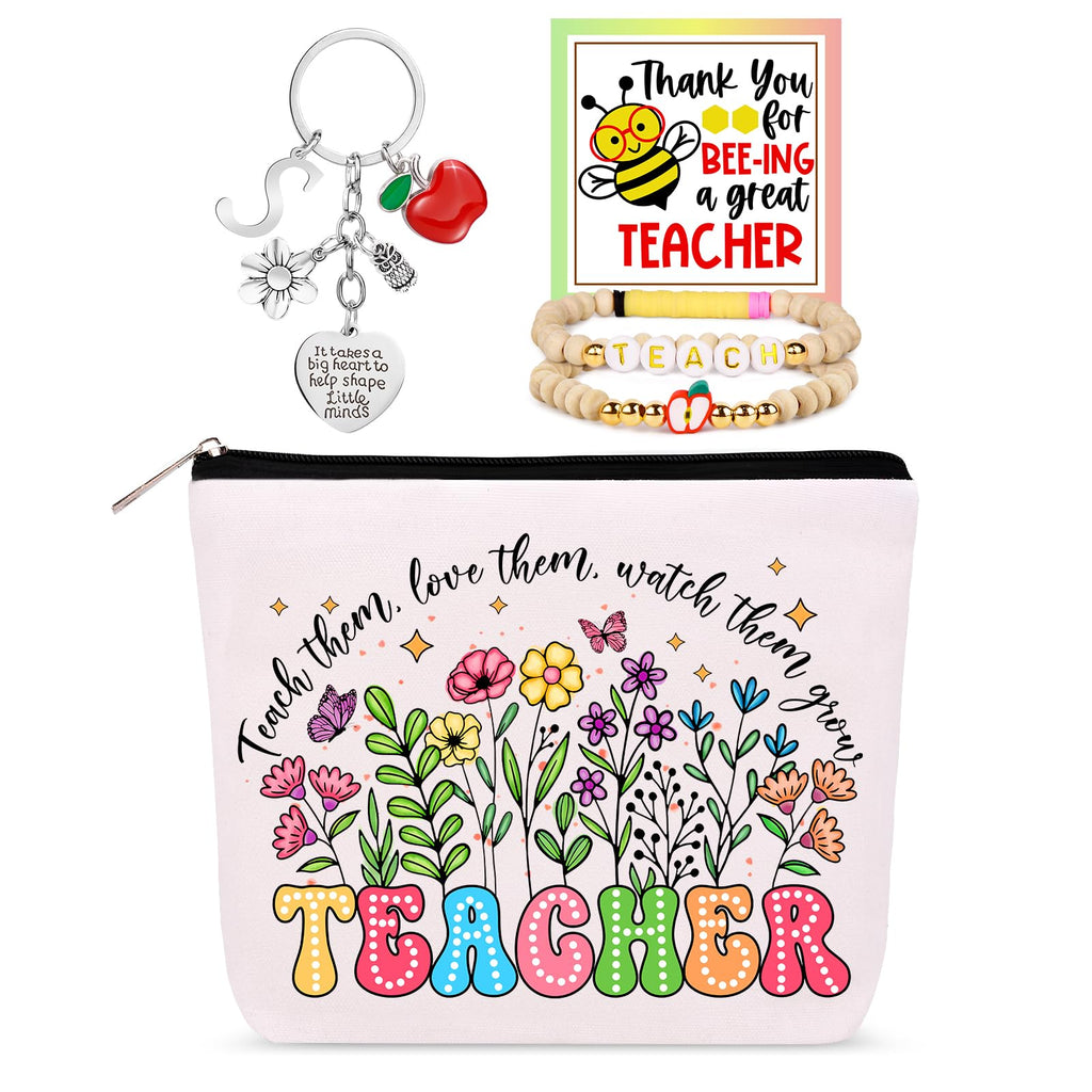 WINOWIMO Personalized Teacher Appreciation Gifts for Women, Thank You Graduation Gifts with Teacher Makeup Bag, Initial Cute Keychain, Teach Bracelets and Thank You Card (S)