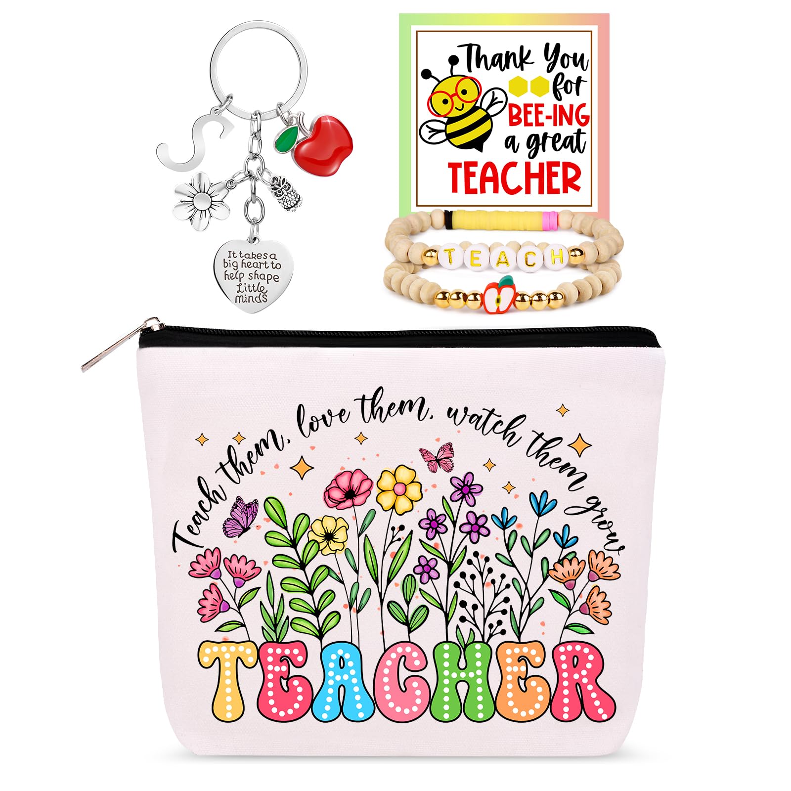 WINOWIMO Personalized Teacher Appreciation Gifts for Women, Thank You Graduation Gifts with Teacher Makeup Bag, Initial Cute Keychain, Teach Bracelets and Thank You Card (S)