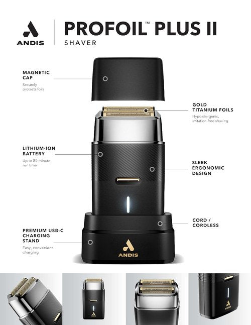 Andis Pro Foil Plus II Cordless Shaver - Gold Titanium Foils, Lithium Ion Battery, USB-C Charging Stand, Black
