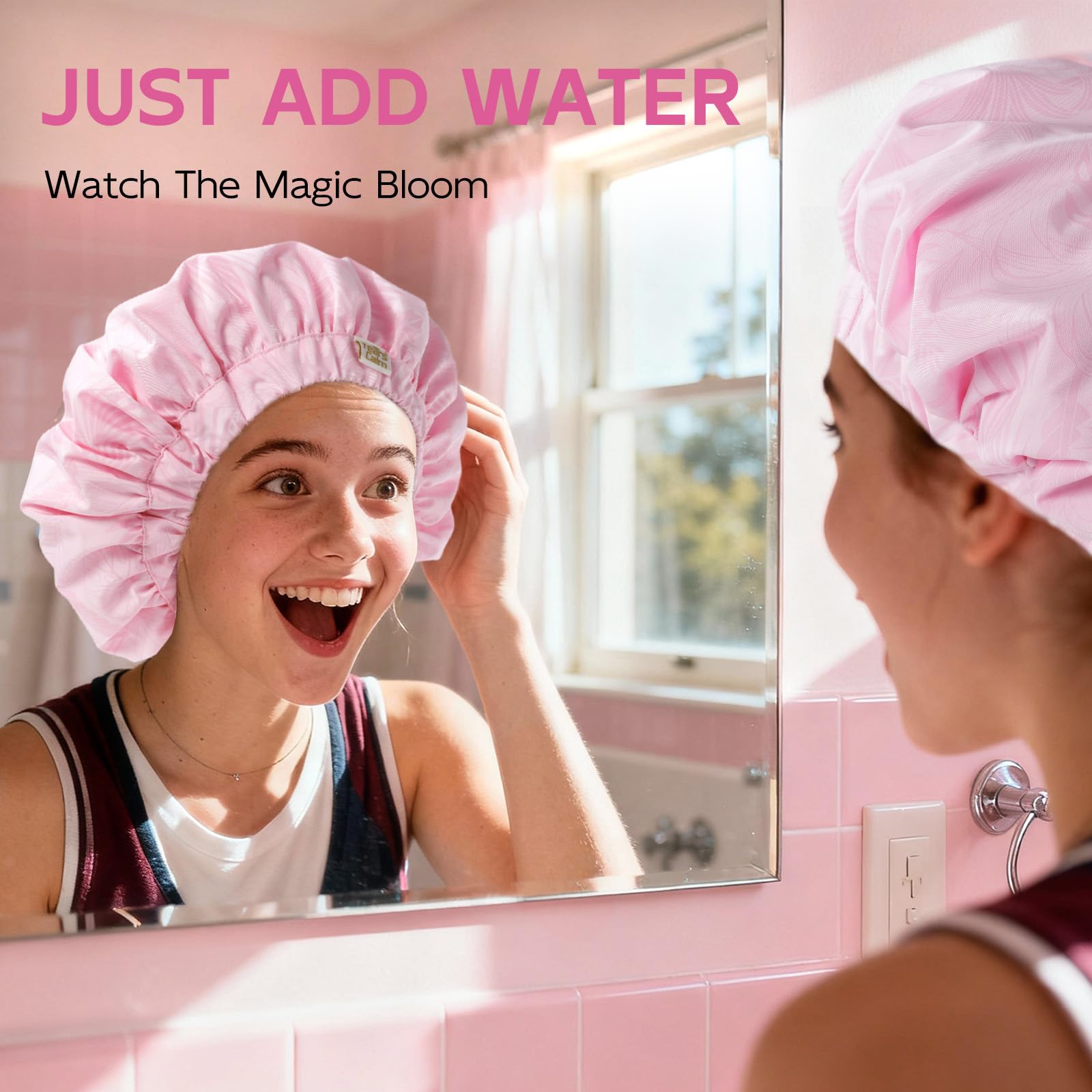 Years Calm Luxury Shower Cap for Women, Color Changing Shower Cap Reusable Waterproof, Flexi Satin Lined, Stylish Hair Cap for Shower, Washable Elastic Band Bath Cap for Long Hair, Braids (Pink)