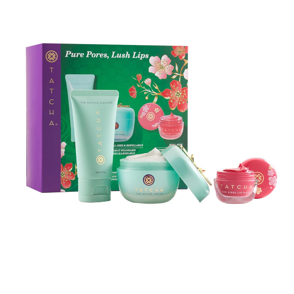 TATCHA Pure Pores & Lush Lips Set - Matcha Cleanse, Water Cream & Plum Blossom Kissu Lip Mask ($119 Value)