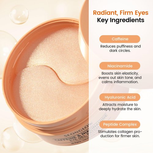SEONGLOW Caffeine Under Eye Patches: 30 Pairs Korean Hydrogel Eye Masks for Dark Circles Puffiness Relief with Niacinamide Hyaluronic Acid - Undereye Brightening Hydrating Anti-Wrinkle Treatment
