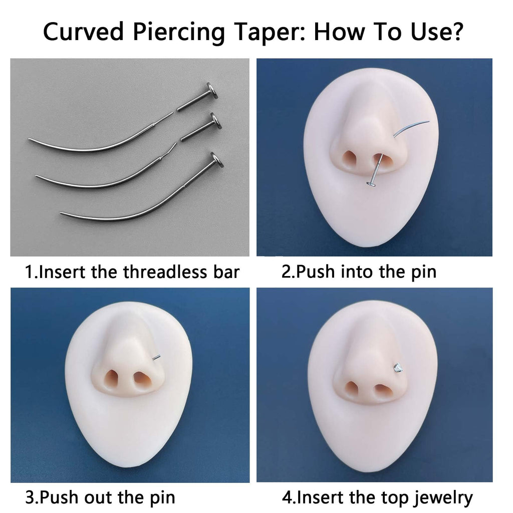 WOLAYI G23 Titanium Threadless Piercing Taper 16G/18G/20G Flat Back Earring Applicator Tool Insertion Pin for Push In Nose Lip Ear Tragus Helix Body Piercing Jewelry Stretcher Assistant Tool (6Pcs, 20G/18G/16G Curved&Straight)