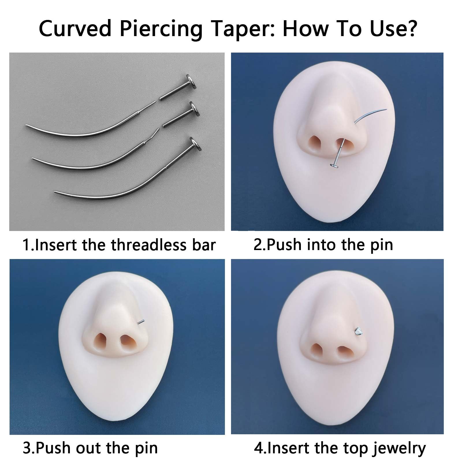 WOLAYI G23 Titanium Threadless Piercing Taper 16G/18G/20G Flat Back Earring Applicator Tool Insertion Pin for Push In Nose Lip Ear Tragus Helix Body Piercing Jewelry Stretcher Assistant Tool (6Pcs, 20G/18G/16G Curved&Straight)