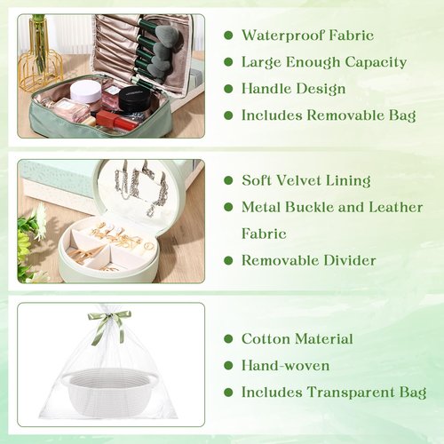 Kacctyen Get Well Soon Gift Basket for Women Sage Green Birthday Gift Box Self Care Package Include Woven Basket Makeup Bag Sleep Mask Jewelry Box and More for Women Mom Wife Friends Sister
