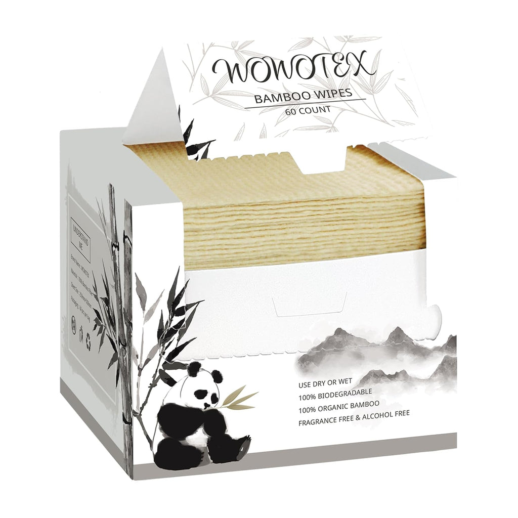 WOWOTEX Bamboo Rayon Disposable Face Towels - Biodegradable, Extra Thick, 60 Count Box | Soft for Sensitive Skin & Makeup Removal