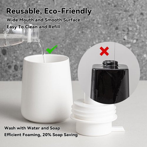 AZMOYAC Foaming Soap Dispenser - 12 Oz White Ceramic Foam Hand Soap Dispenser for Bathroom, Face Wash Dispenser Bottle with Matte Silver Foaming Pump, Refillable Lotion Dish Dispenser for Kitchen