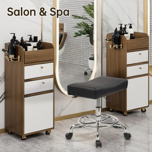 KLASIKA Heavy Duty Extra Wide Rolling Stool PU Leather Thickened Seat Cushion with Foot Rest Adjustable Height Swivel with Wheels for Spa Salon Tattoo Work Massage Barstool, Black, 1 Pack