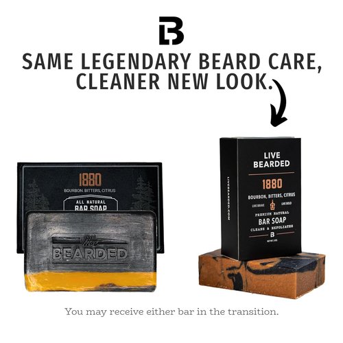 Live Bearded All-Natural Bar Soap for Men - Exfoliating & Moisturizing 6-Pack | Charcoal, Pumice, Shea Butter - 5 oz Each - 1880 Bourbon Scent