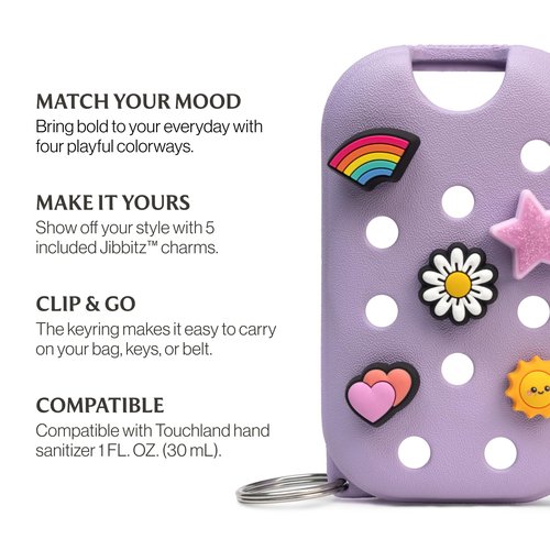 Touchland x Crocs Special Edition Mist Case 1 Fl. OZ., Stylish Hand Sanitizer Spray Accessory, with 5 JibbitzTM Charms and Keyring, Pixie Lavender Color