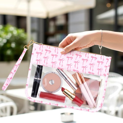 Kacctyen Pink Bow Clear Makeup Bag with Handle, Galentines Gifts for Women, Cute Coquette Zipper Cosmetic Bag Preppy Transparent Nylon Travel Organizer Portable Toiletry Pouch(Coquette)