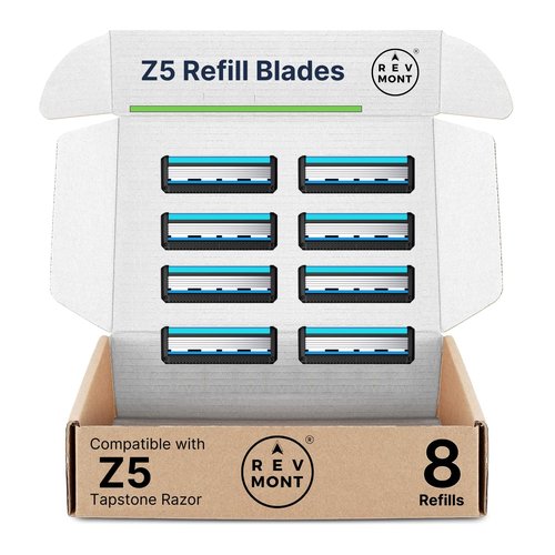 RevMont Z5 Refill Blades, Replacement Blades for the RevMont Z5 Tapstone Razor, 8ct | Z5 Refills, Razor Blade Refills, Shaving Blades for Men, 5-Blade Razor, 8 Refills