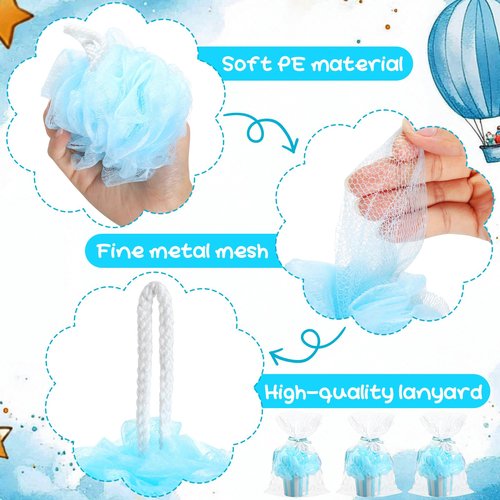 Afarnook 50 Set 50 Set Shower Loofahs for Guests Include Bath Sponge Loofahs with Cupcake Gift Packaging Bow and Clear Plastic Bags for Baptism Gender Reveal Birthday Wedding Stuffer (Blue)