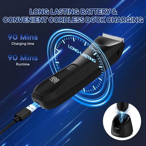 TEENOVA Pubic & Body Hair Trimmer for Men, 2 In 1 Electric Ball Groin Razor Shaver with Ceramic Blade, No Nick Mens Grooming Kit for Wet/Dry Use, Cordless Charging Body Groomer with Led Display, Black